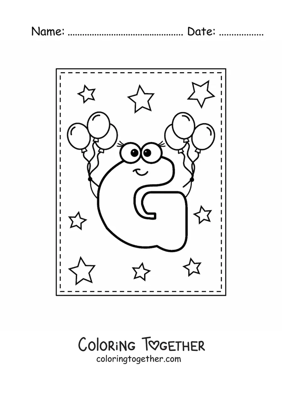 Coloring page of the animated capital letter g with balloons