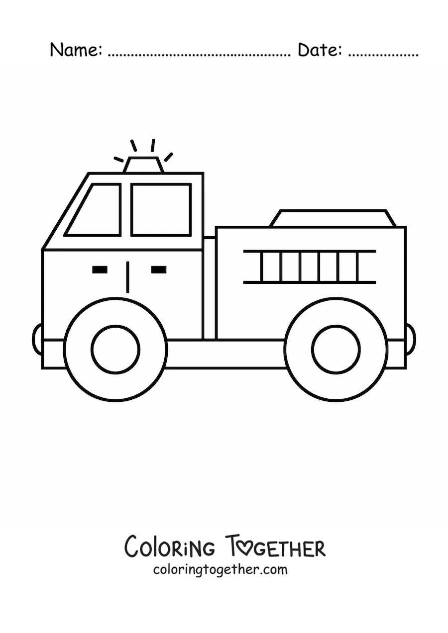 Coloring page of a fire truck with its siren active