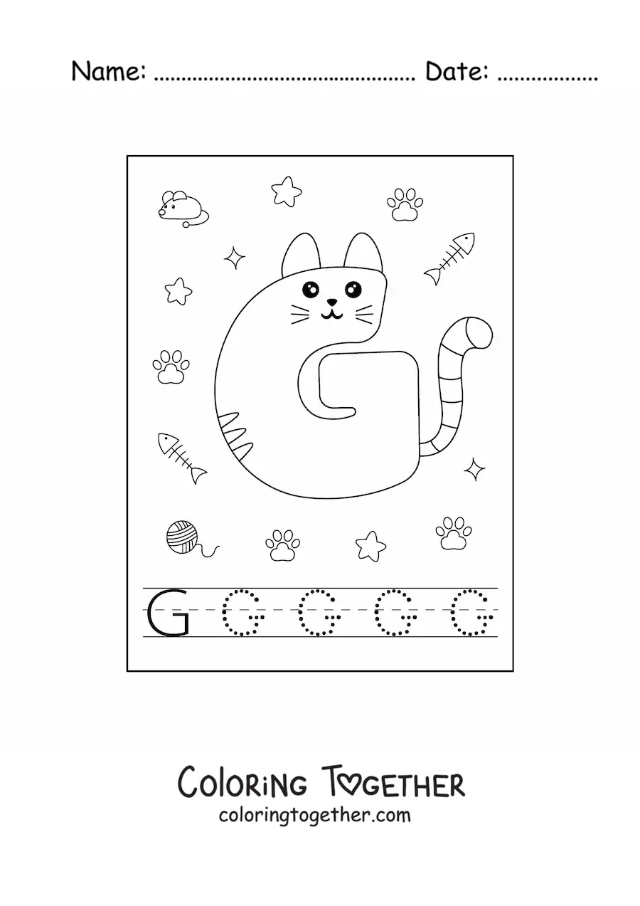 Coloring page of the animated letter g shaped like a cat