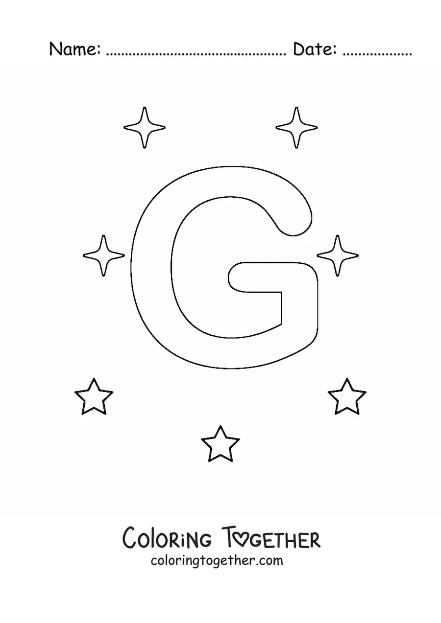 Coloring page of the capital letter g with stars