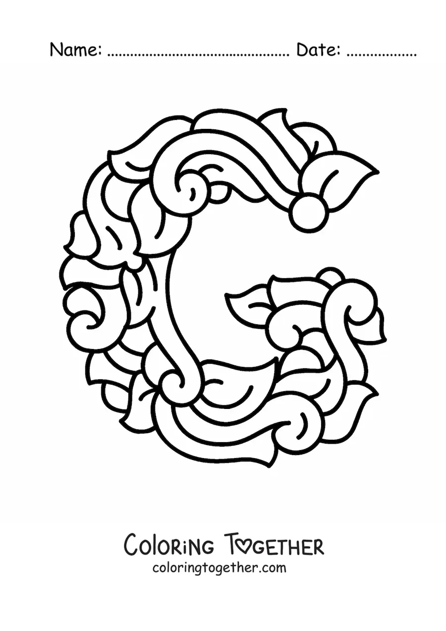 Coloring page of the decorated capital letter g