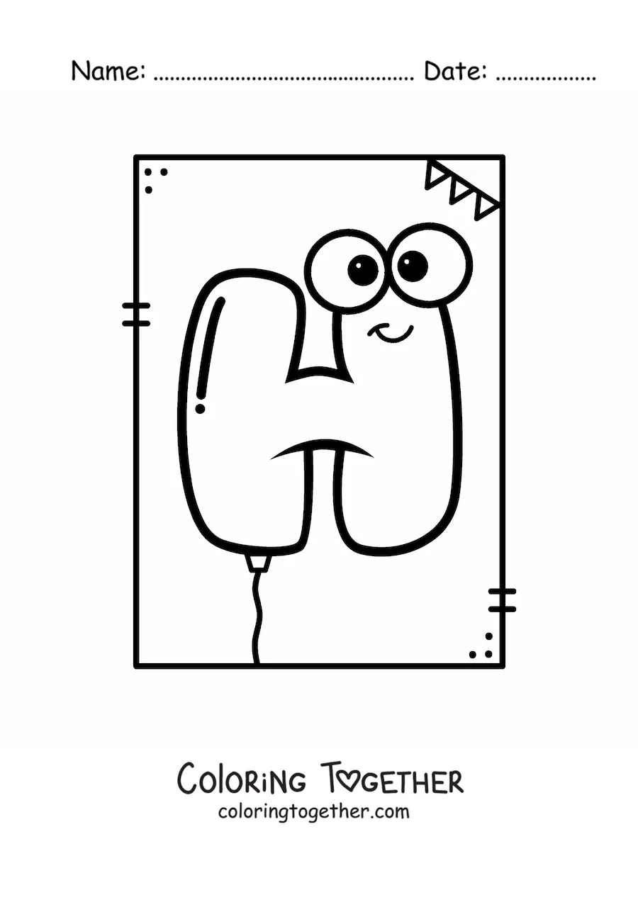 Coloring page of the animated letter h shaped like a balloon