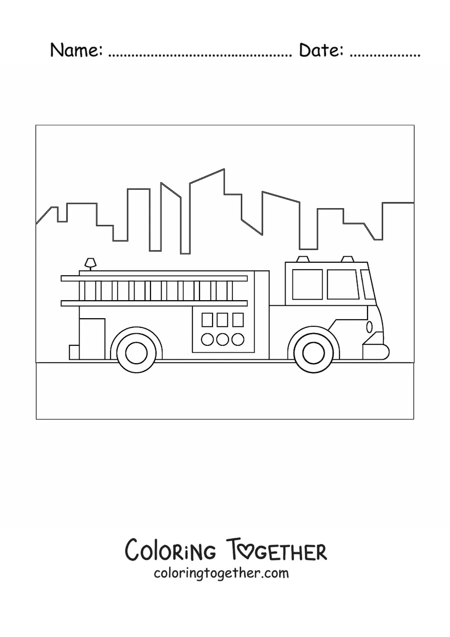 Coloring page of a fire truck driving through the city