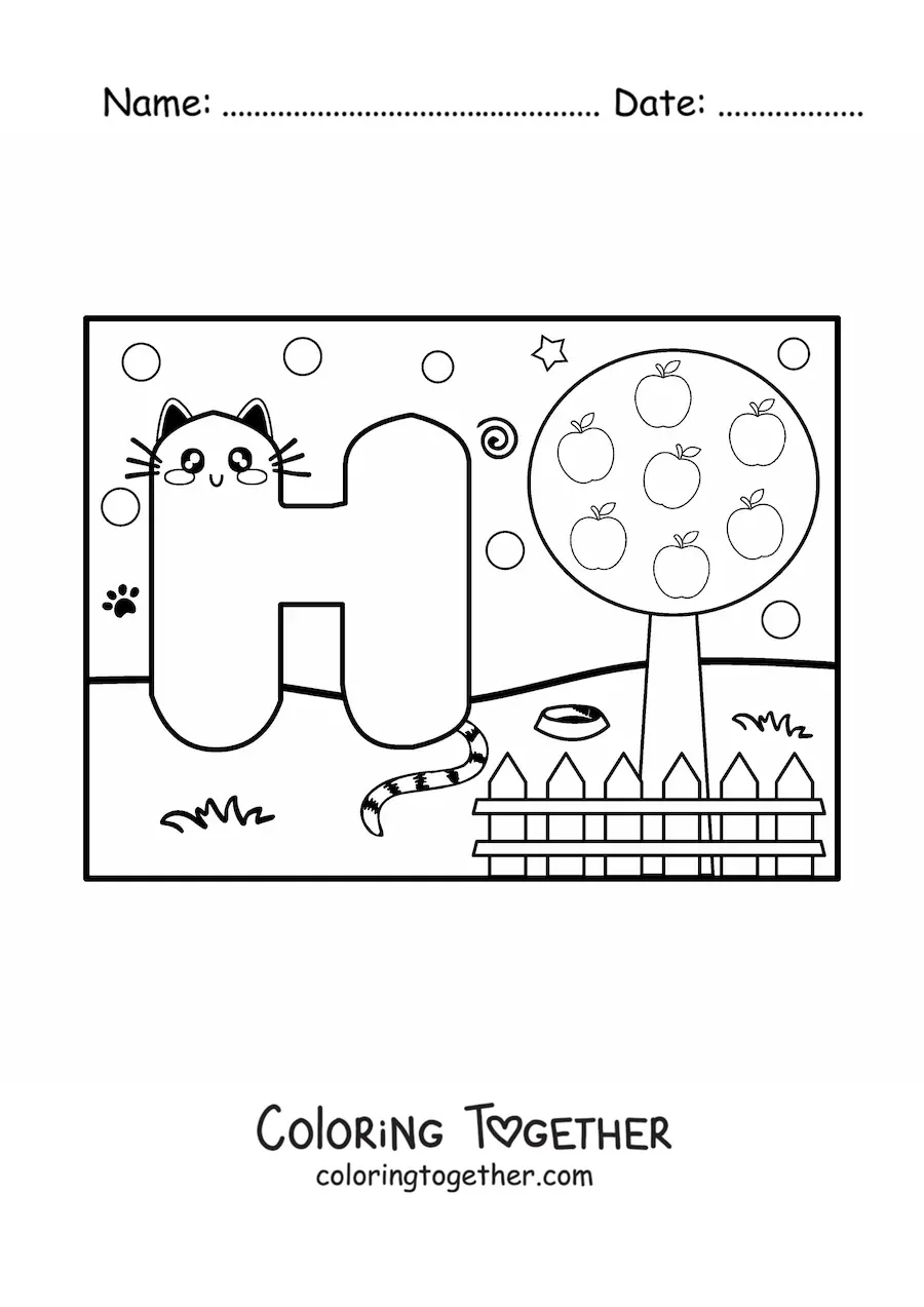 Coloring page of the animated letter h shaped like a cat in the park