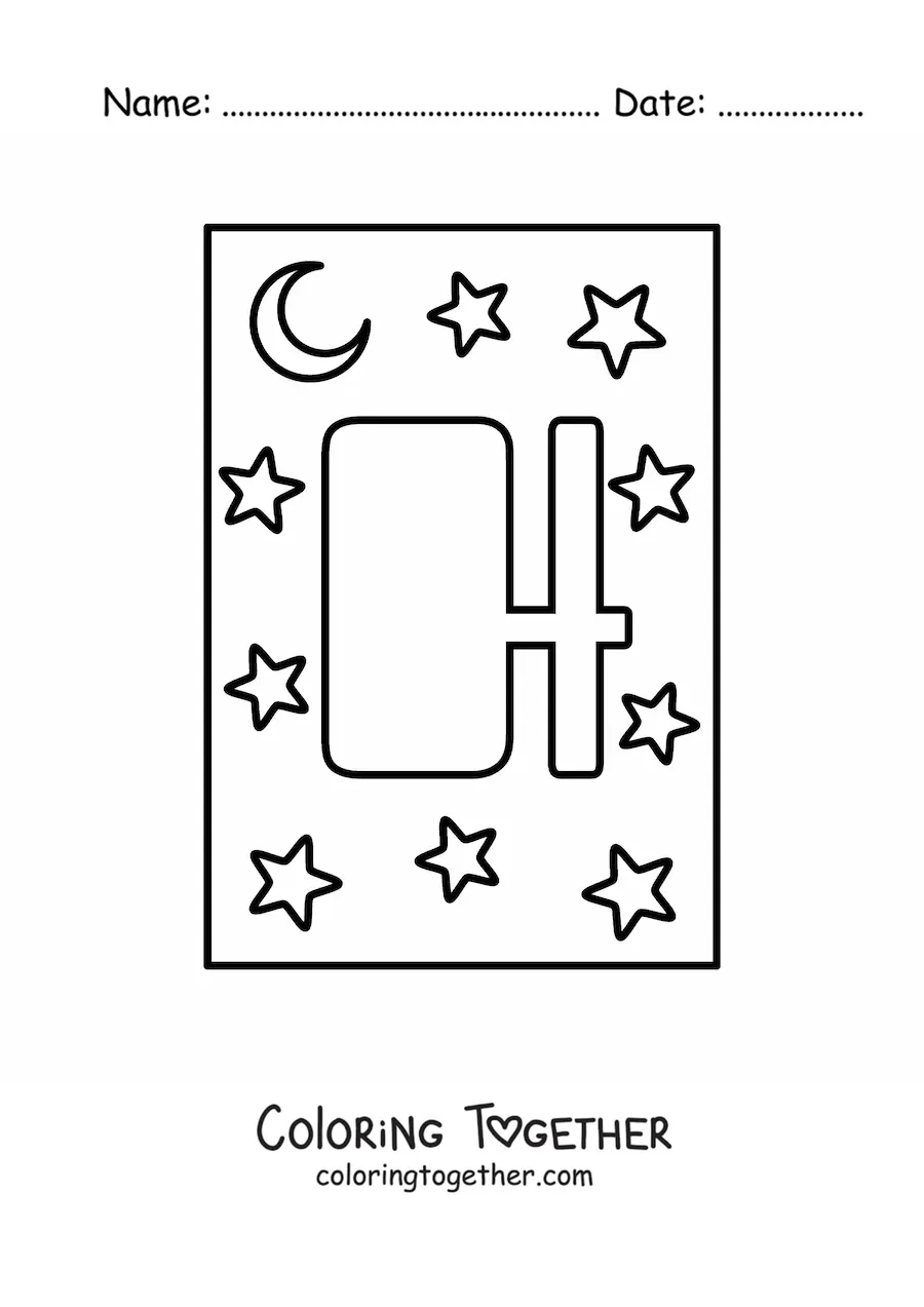 Coloring page of the capital letter h with stars and a moon