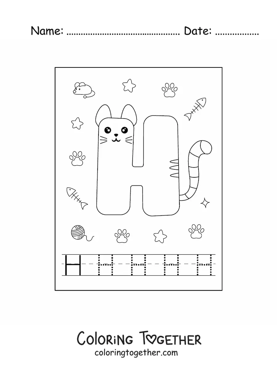 Coloring page of the animated letter h shaped like a cat