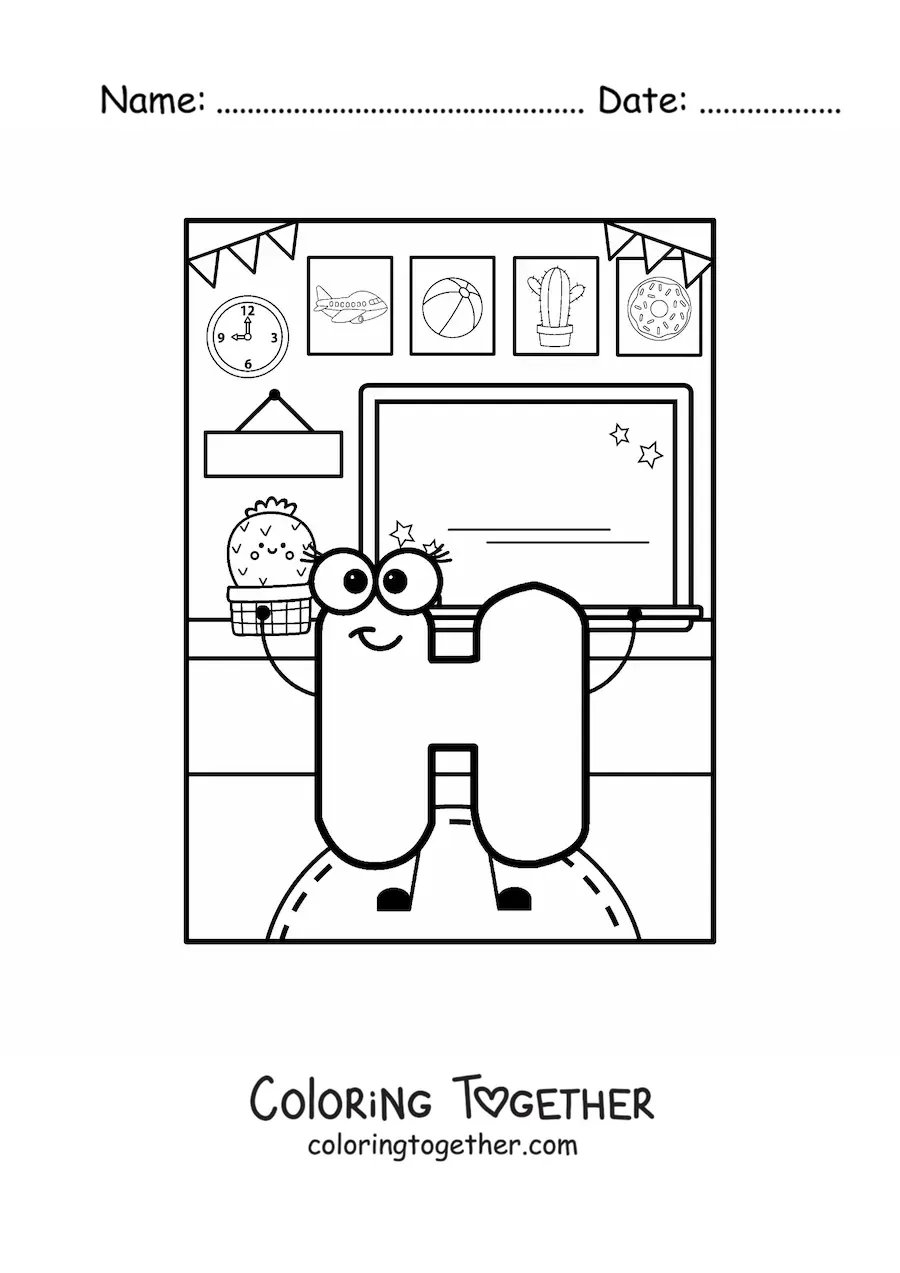 Coloring page of the animated letter h at school