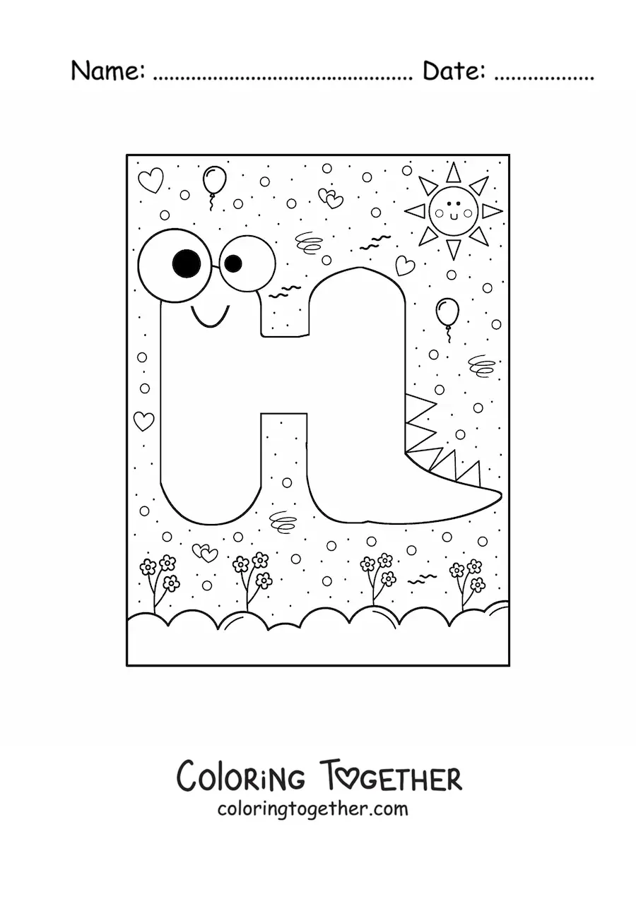 Coloring page of the cartoon letter h shaped like a monster