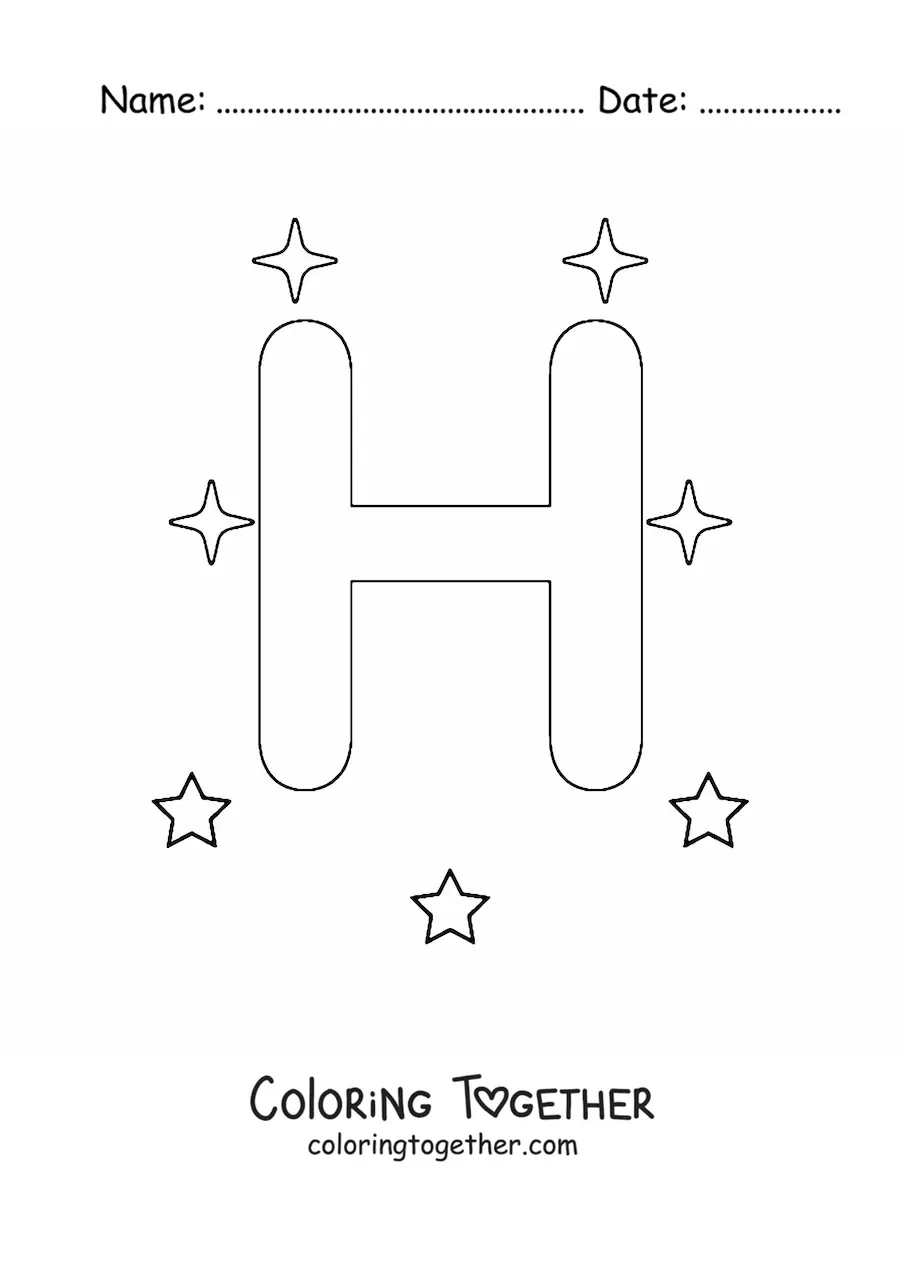 Coloring page of the capital letter h with stars