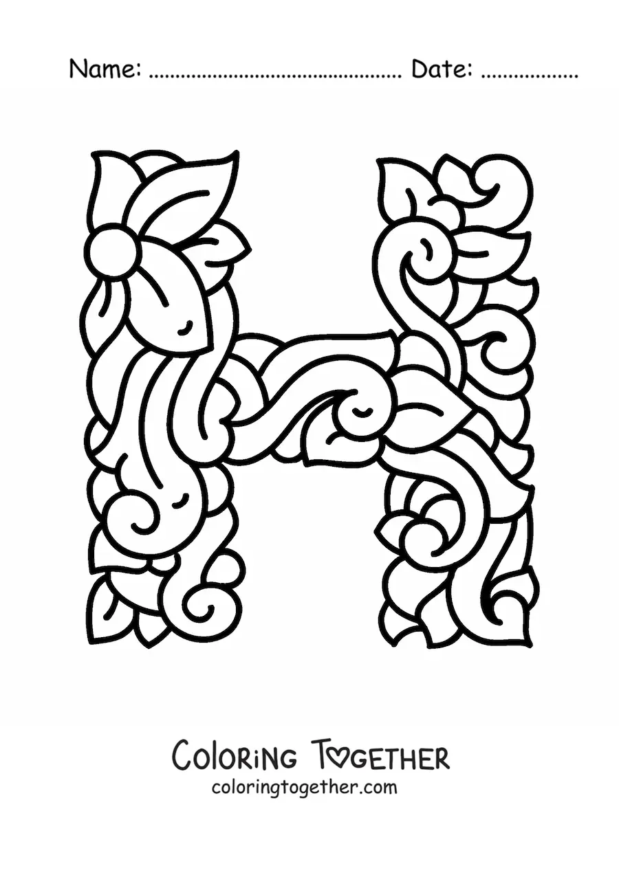 Coloring page of the decorated capital letter h