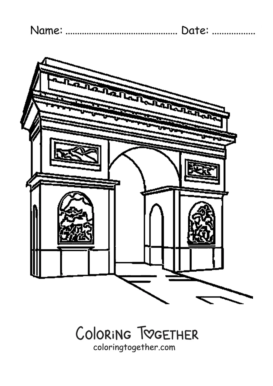 Coloring page of the Arc de Triomphe in an angled view