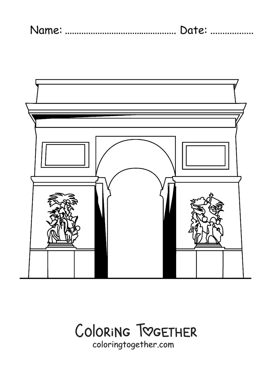 Coloring page of the Arc de Triomphe seen up close