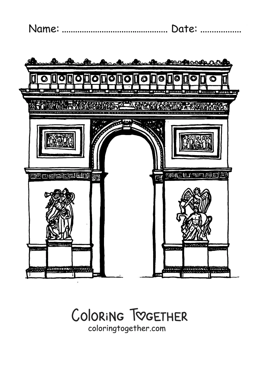 Coloring page of the Arc de Triomphe with columns and gardens on the sides