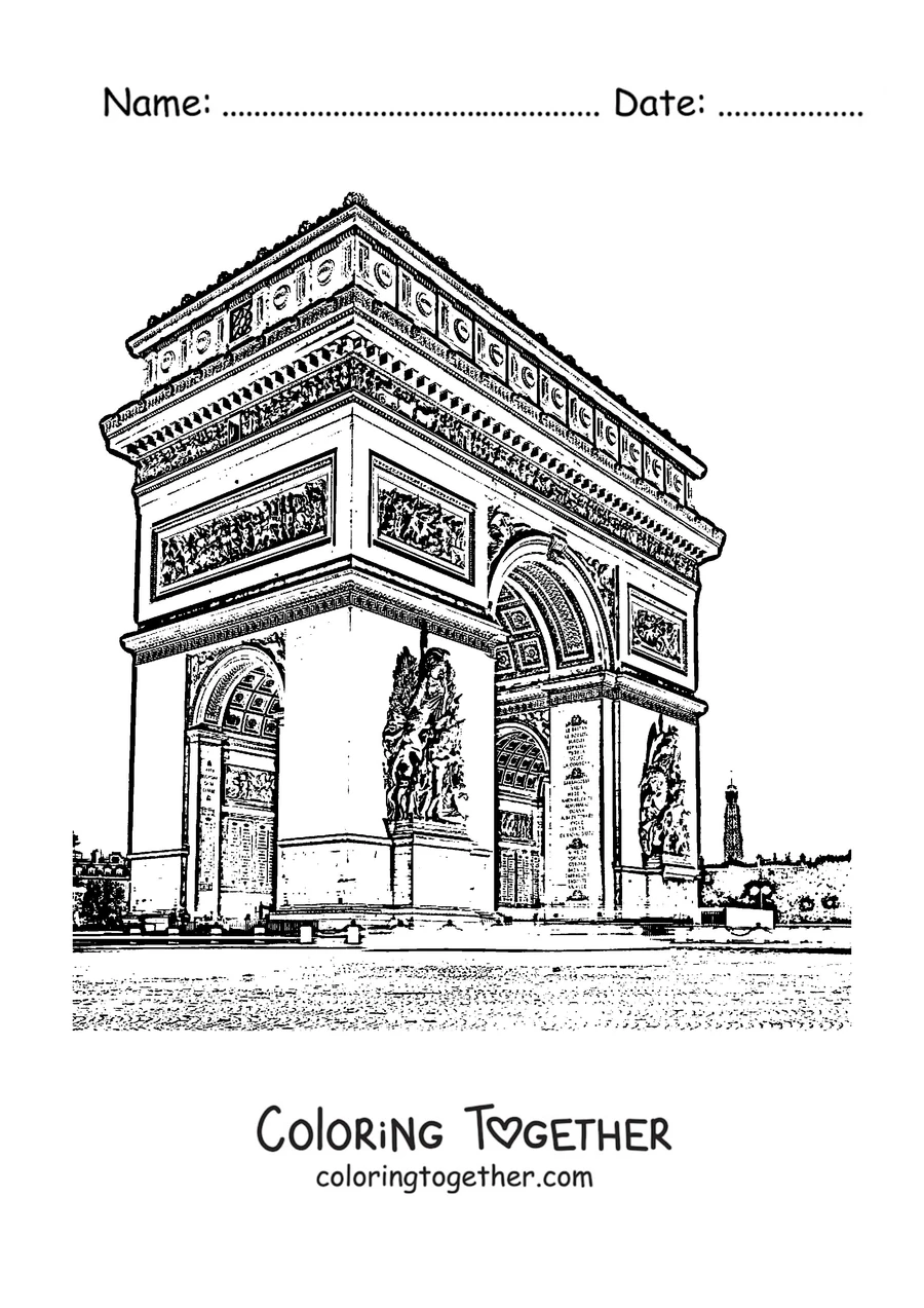 Coloring page of the Arc de Triomphe with medallions across the top