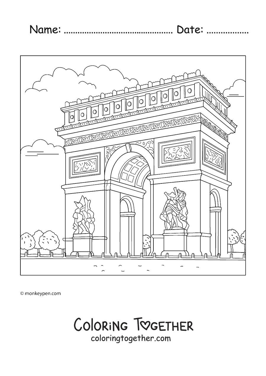 Coloring page of the Arc de Triomphe in perspective surrounded by gardens