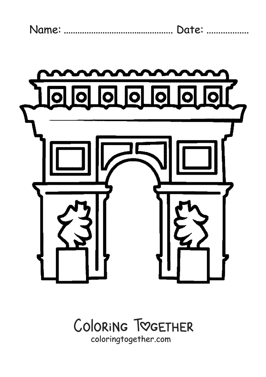 Coloring page of the Arc de Triomphe surrounded by trees