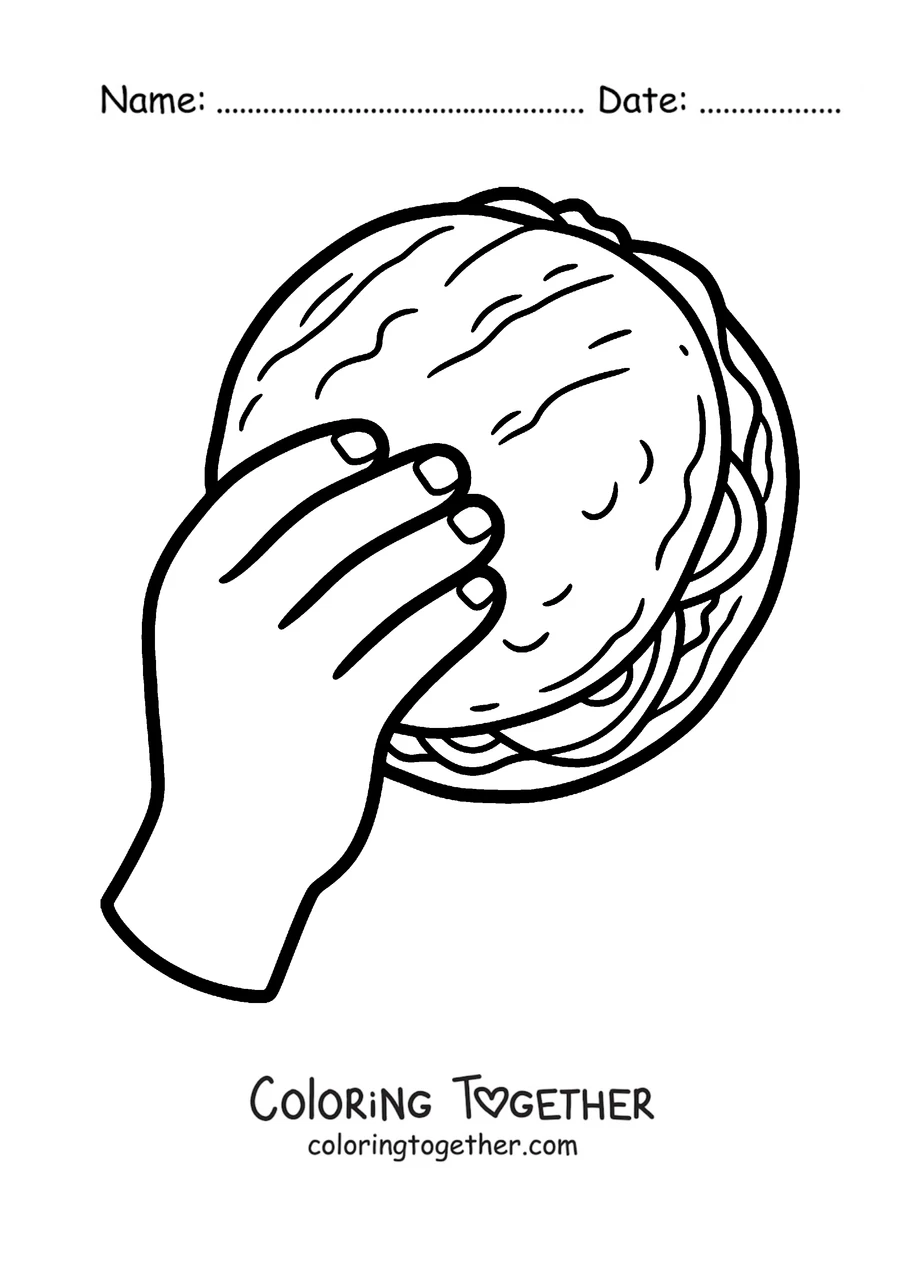 Coloring page of a hand holding a stuffed arepa