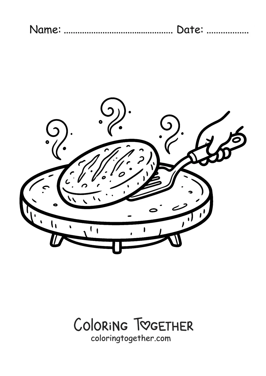 Coloring page of an arepa cooking on the griddle