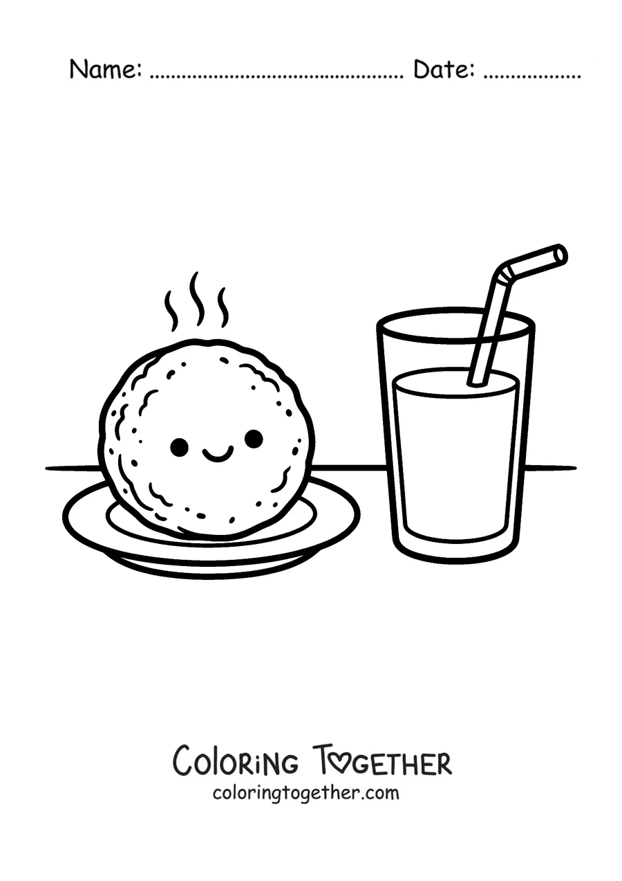 Coloring page of an arepa with a glass of juice