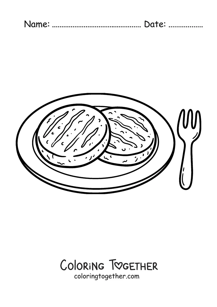 Coloring page of two arepas served on a plate