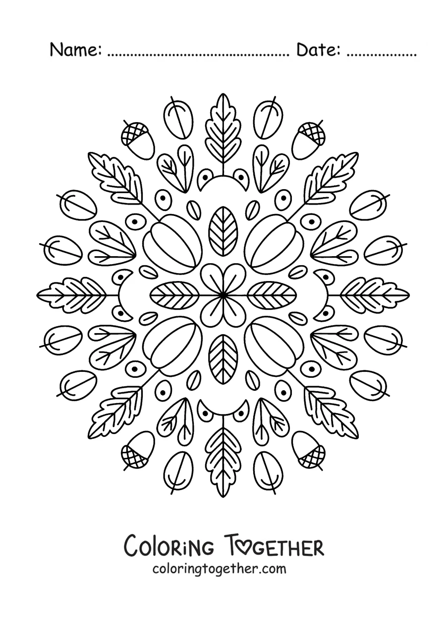 Coloring page of an autumn mandala with acorns and oak leaves