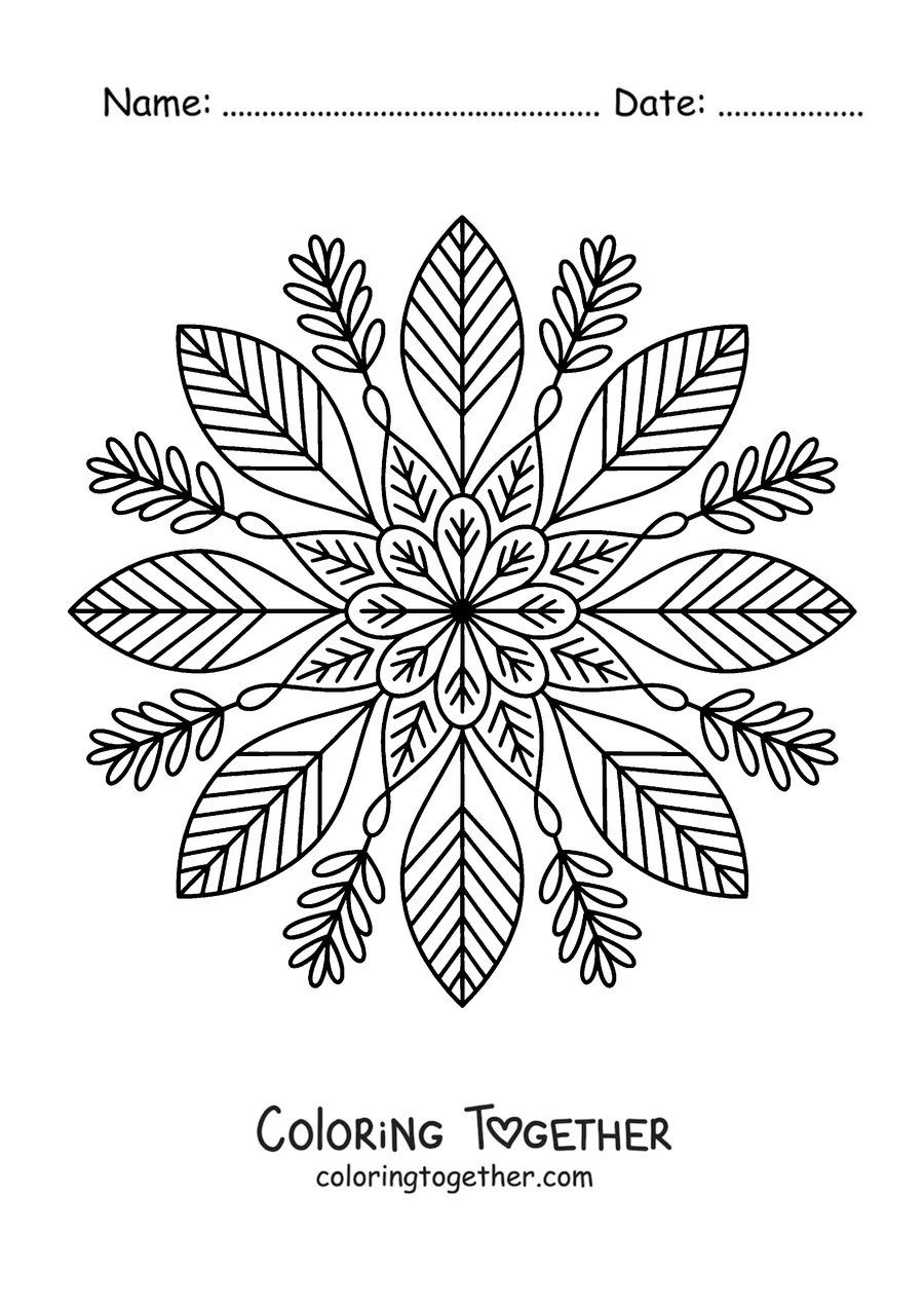 Coloring page of an autumn mandala with long leaves spreading from the center