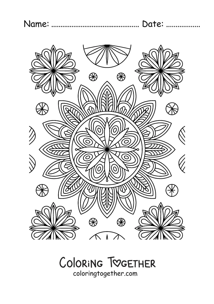 Coloring page with a large autumn mandala surrounded by smaller mandalas and flowers