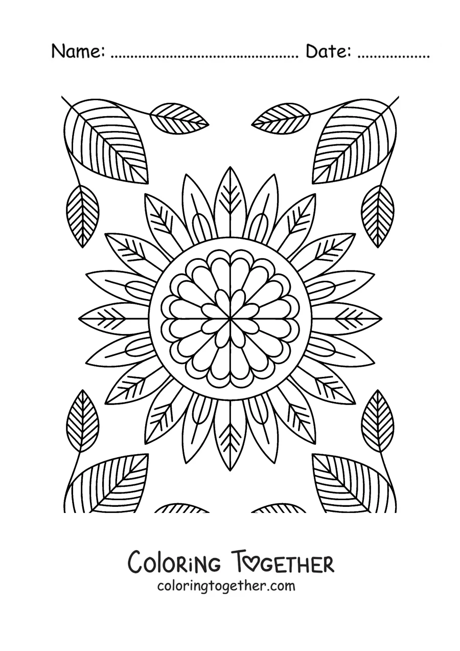 Coloring page of a sunflower mandala surrounded by autumn leaves