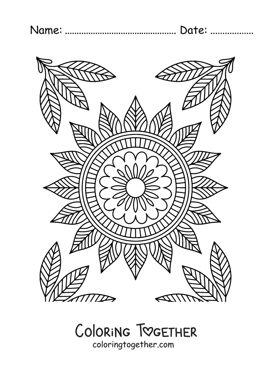 Coloring page of a sunflower mandala with leaf clusters in the corners