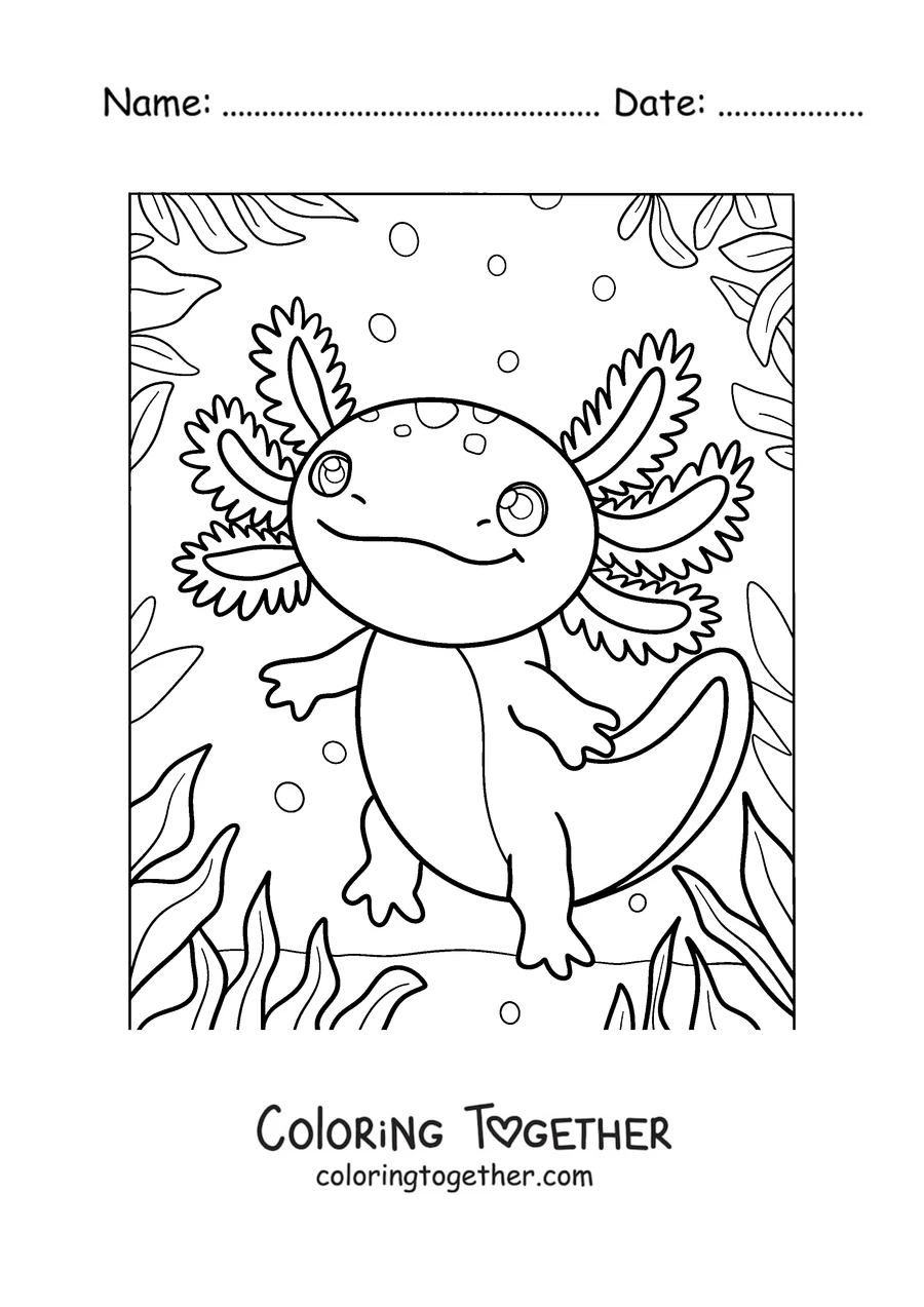 Coloring page of an axolotl walking among water plants