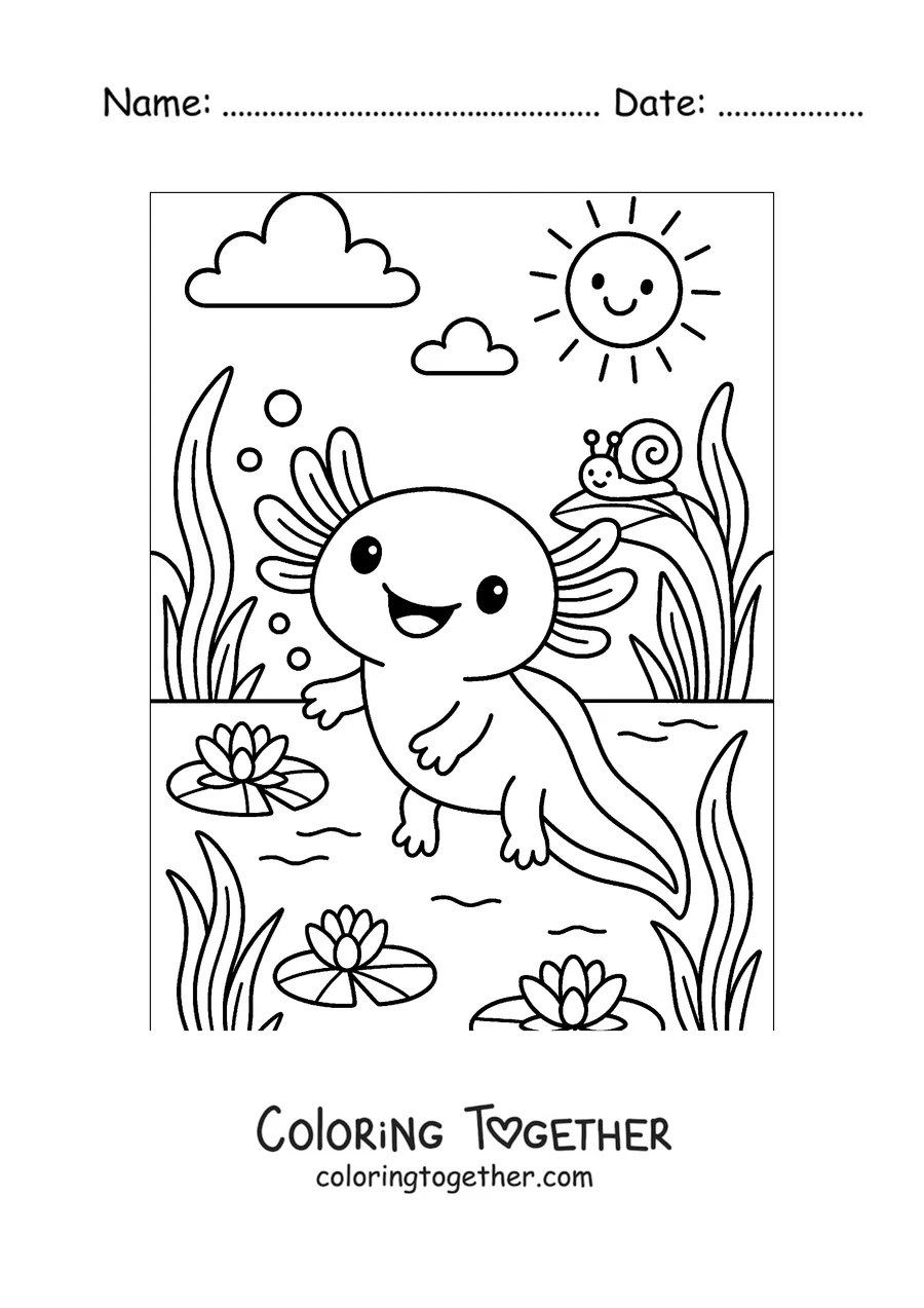 Coloring page of an axolotl by a pond with a snail and the sun