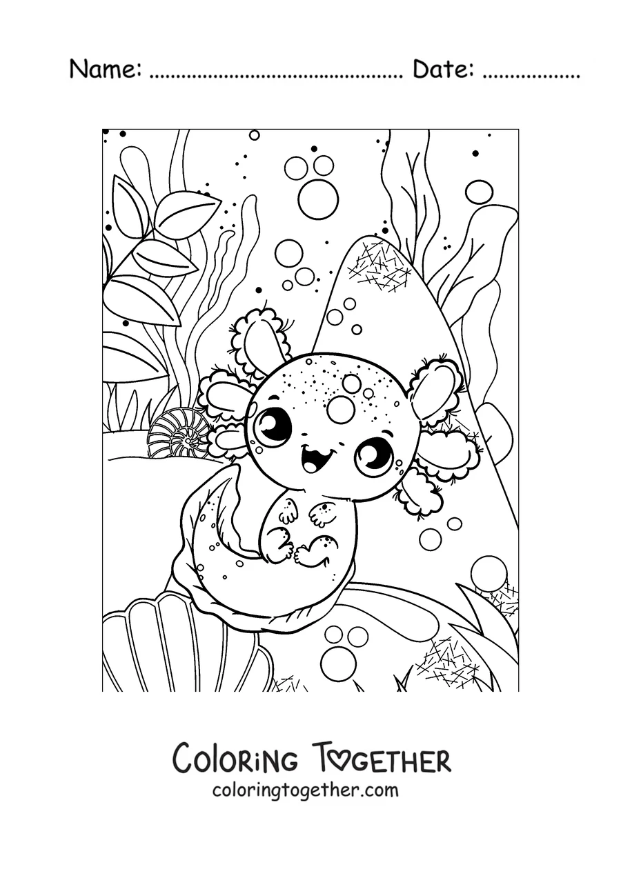 Coloring page of a big-eyed axolotl sitting on a seashell