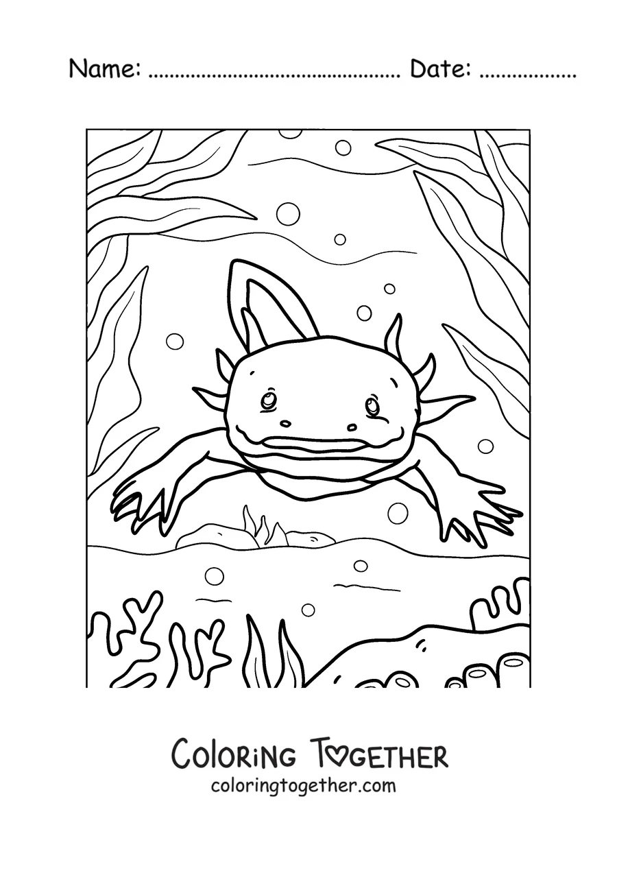 Coloring page of a cheerful axolotl swimming among algae