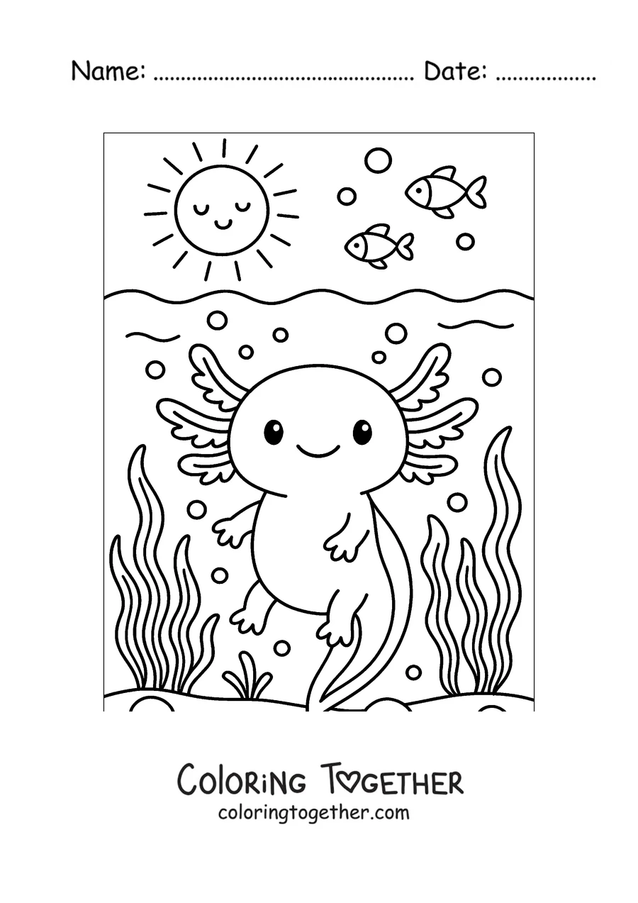 Coloring page of an axolotl swimming under a smiling sun
