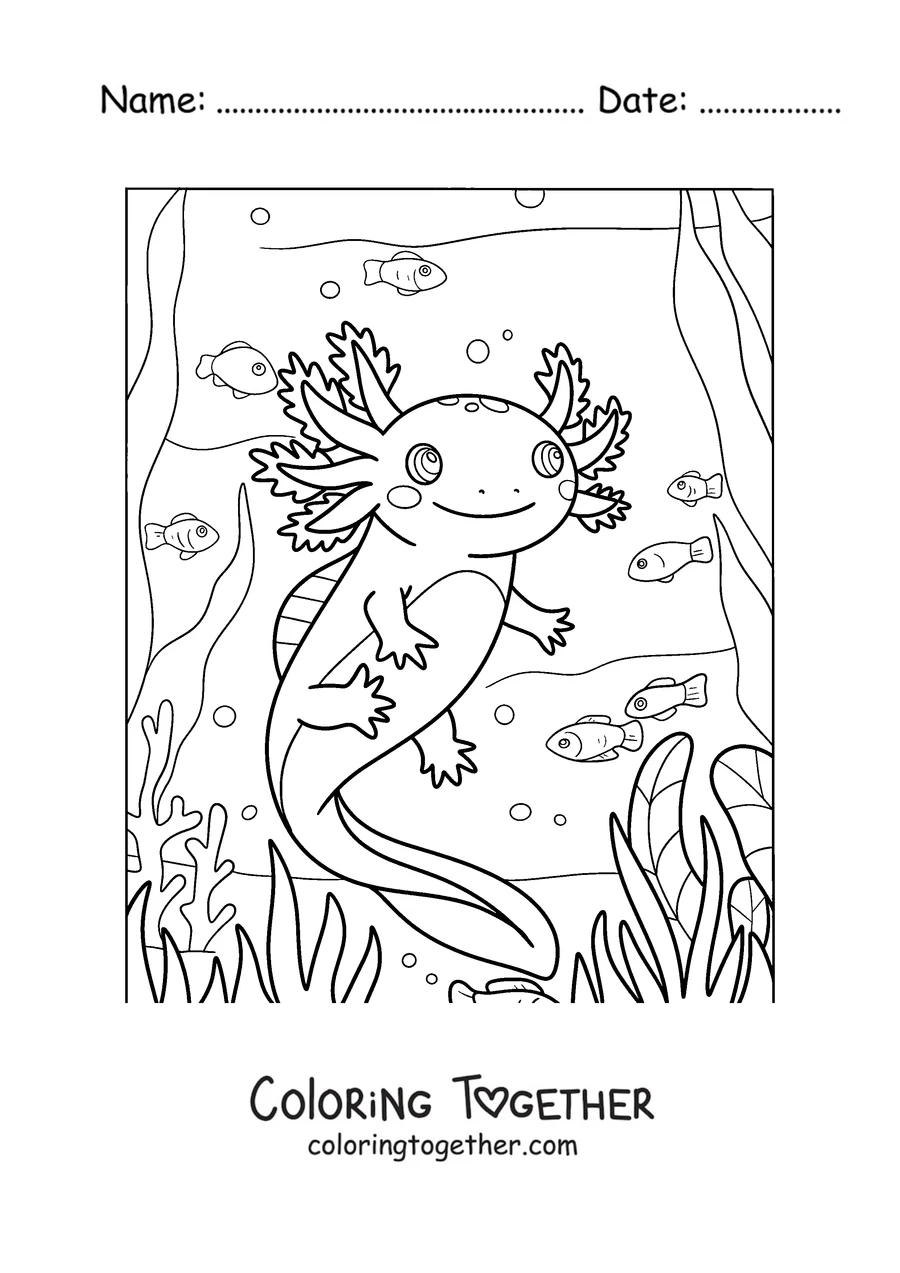 Coloring page of an axolotl swimming among little fish and plants