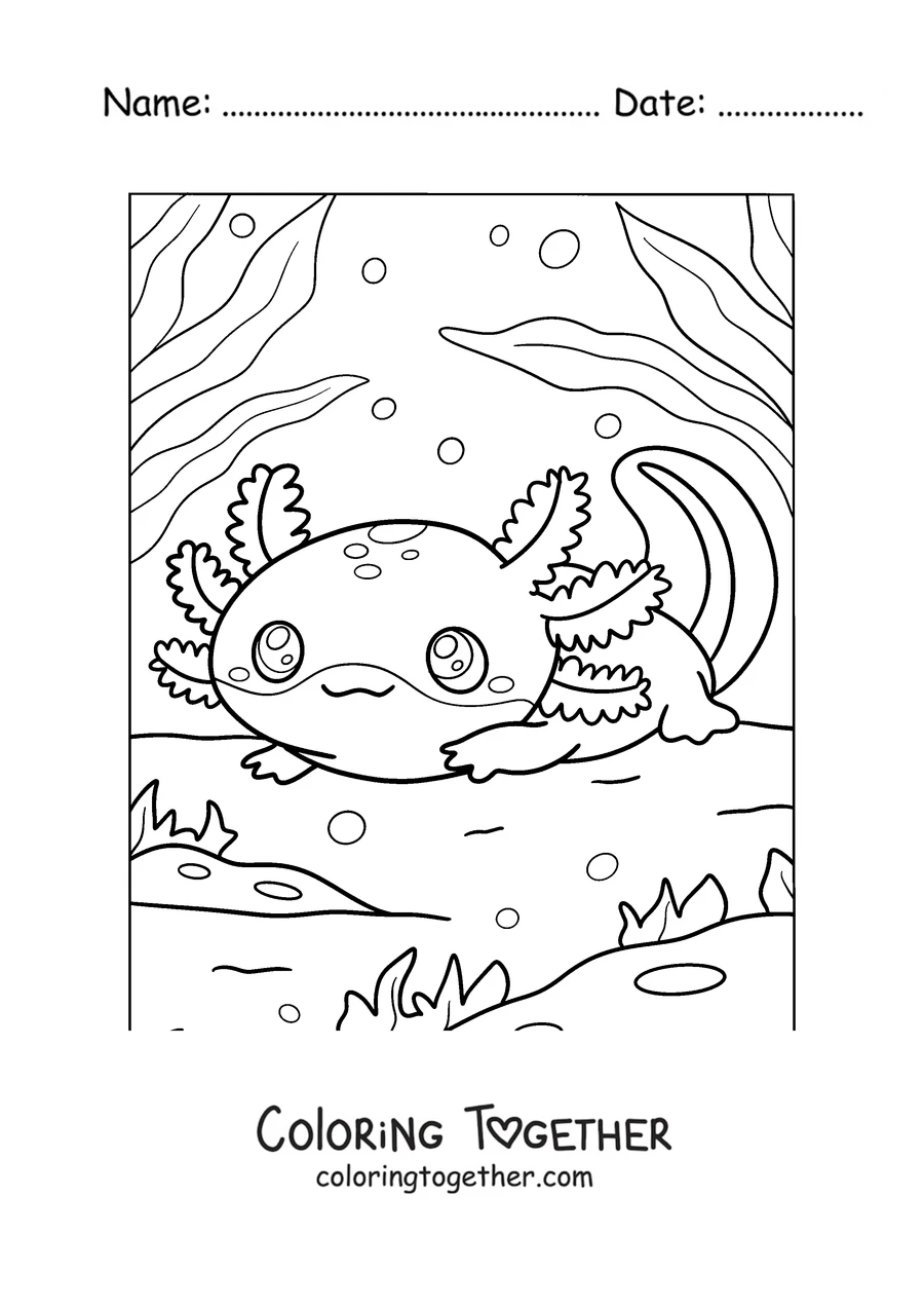 Coloring page of a baby axolotl resting on the bottom