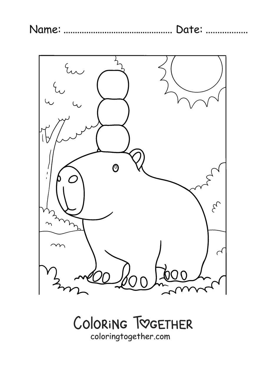 Coloring page of a baby capybara with apples on its head