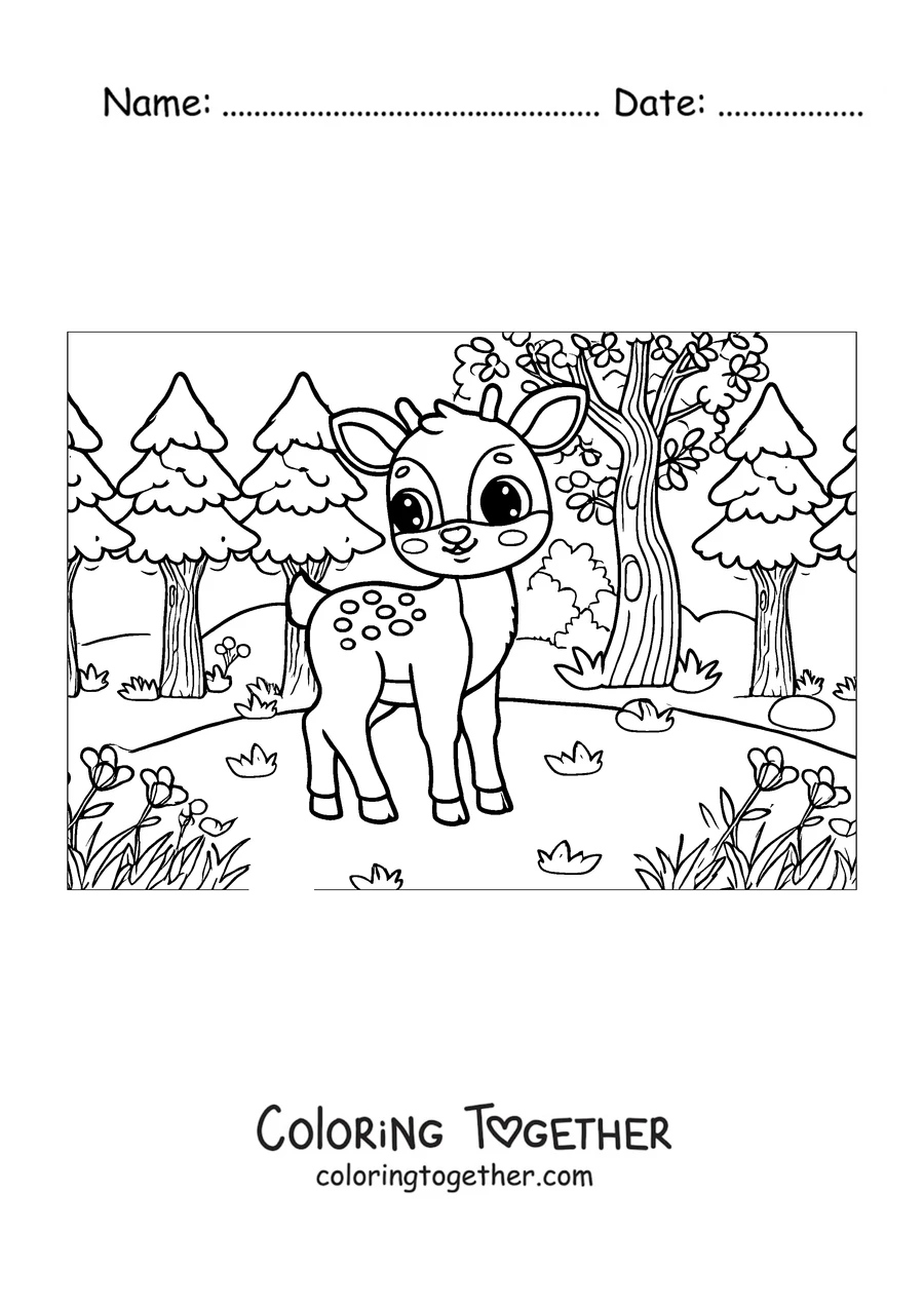 Coloring page of a spotted baby deer in the forest