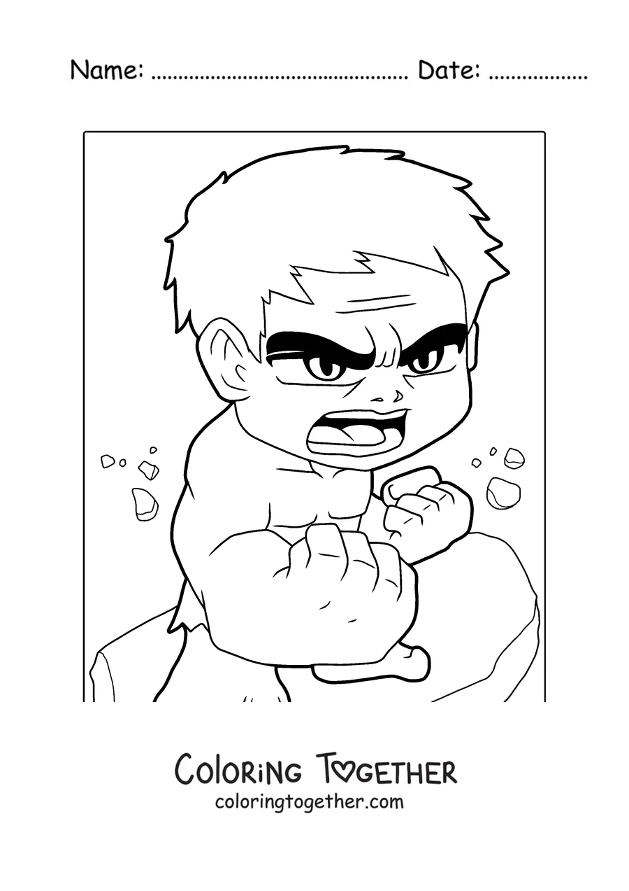 Coloring page of Baby Hulk with an angry face