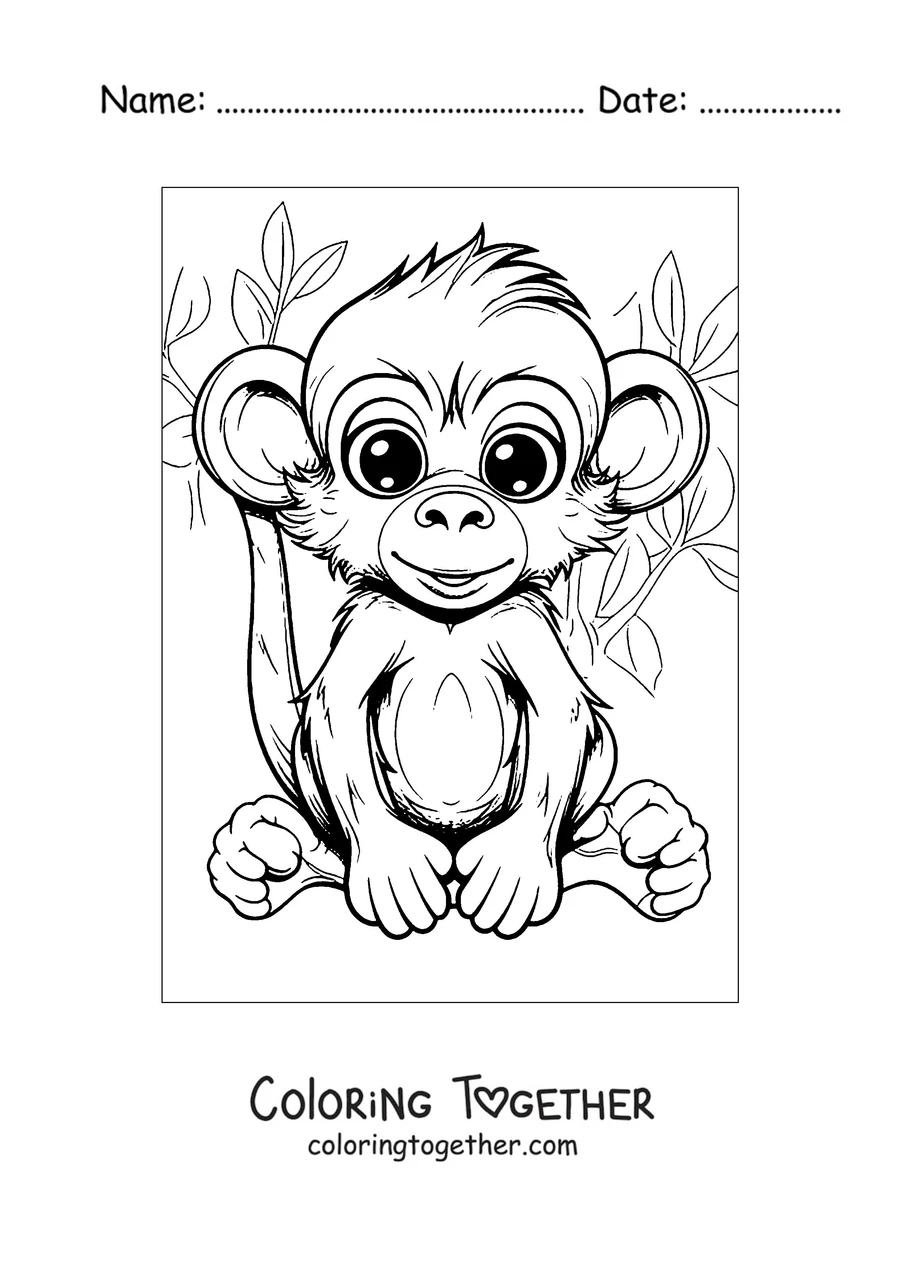 Coloring page of a baby monkey sitting among the leaves