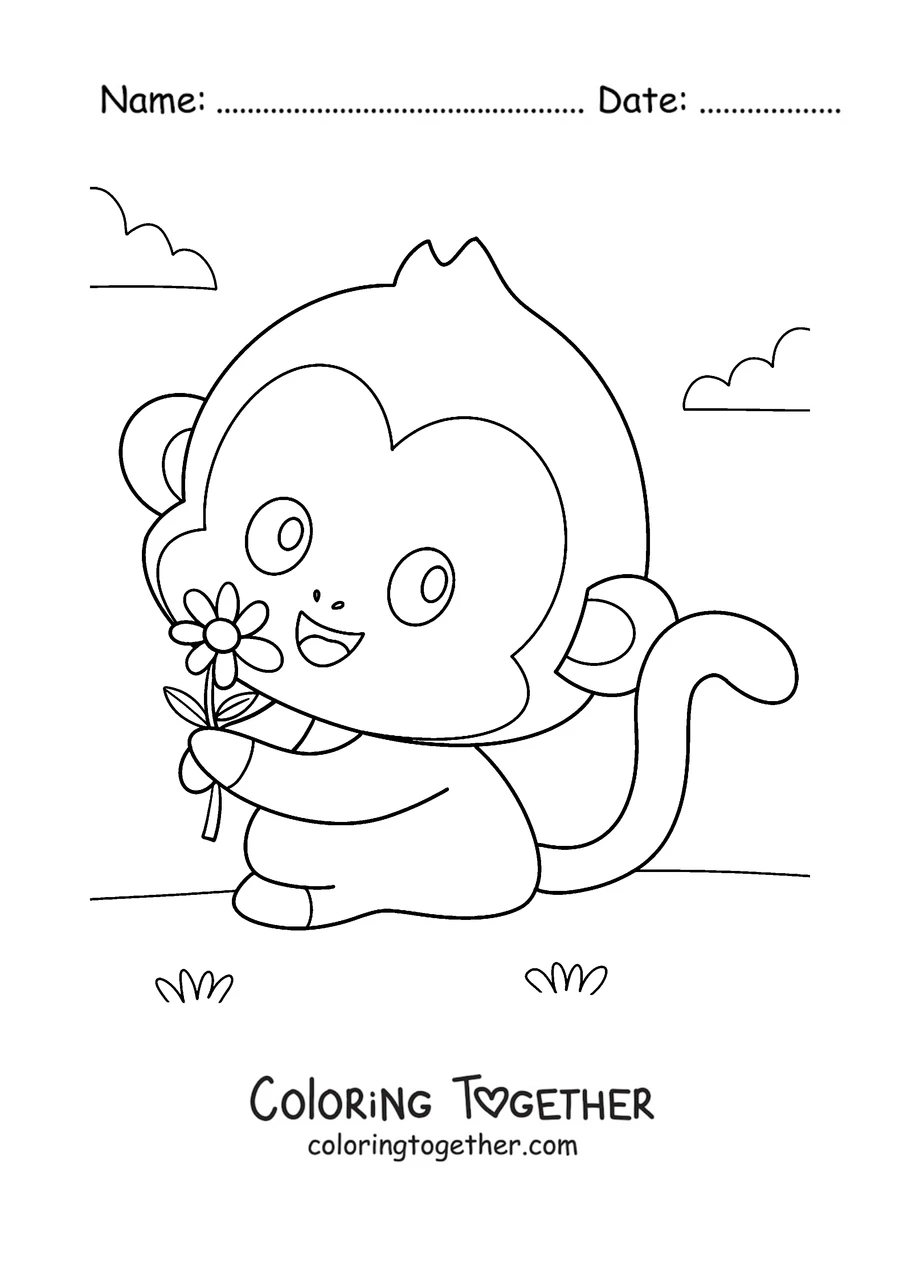 Coloring page of a baby monkey holding a flower