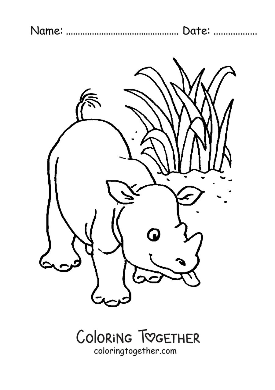 Coloring page of a baby rhino and its mom eating grass
