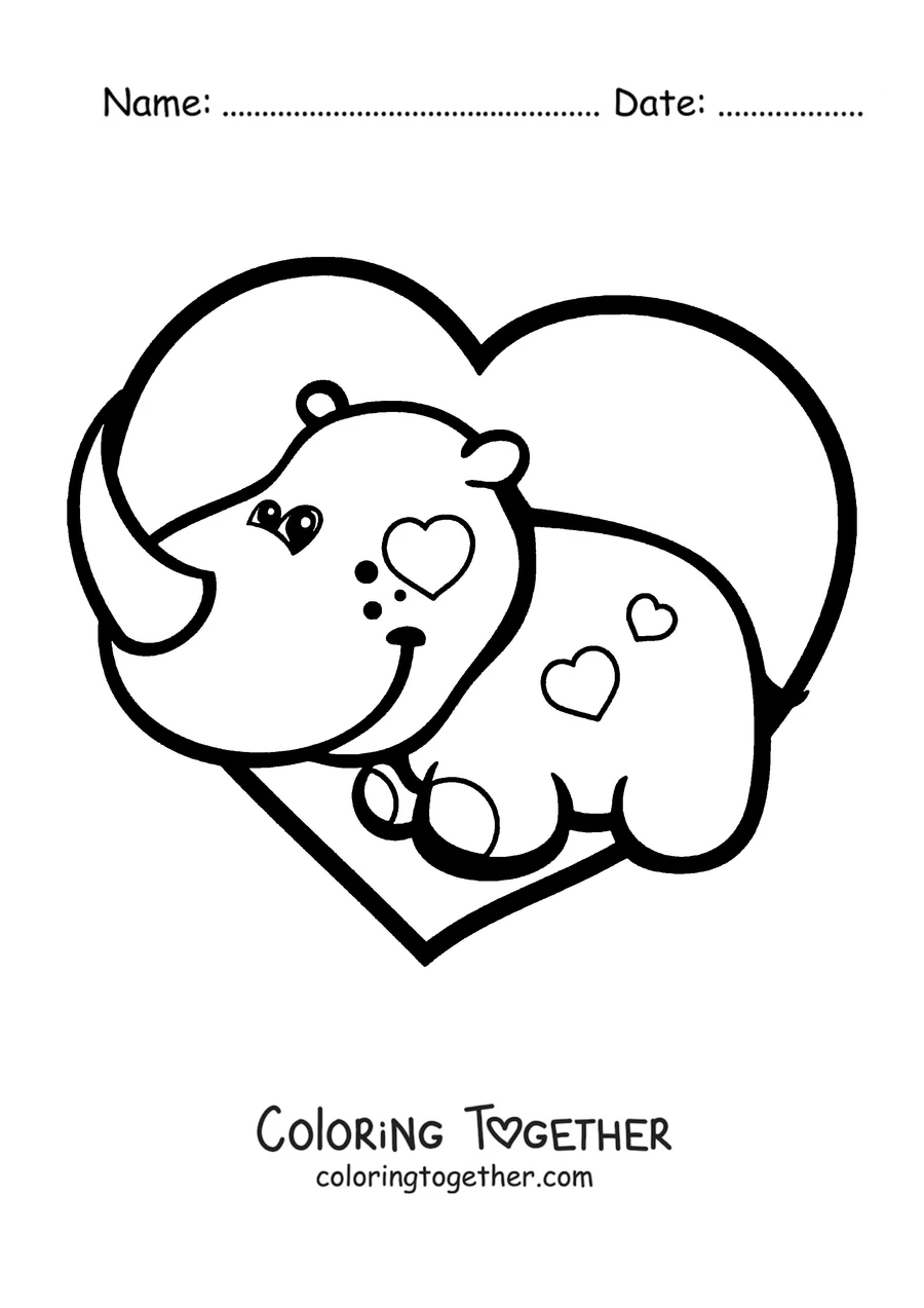 Coloring page of a baby rhino inside a heart
