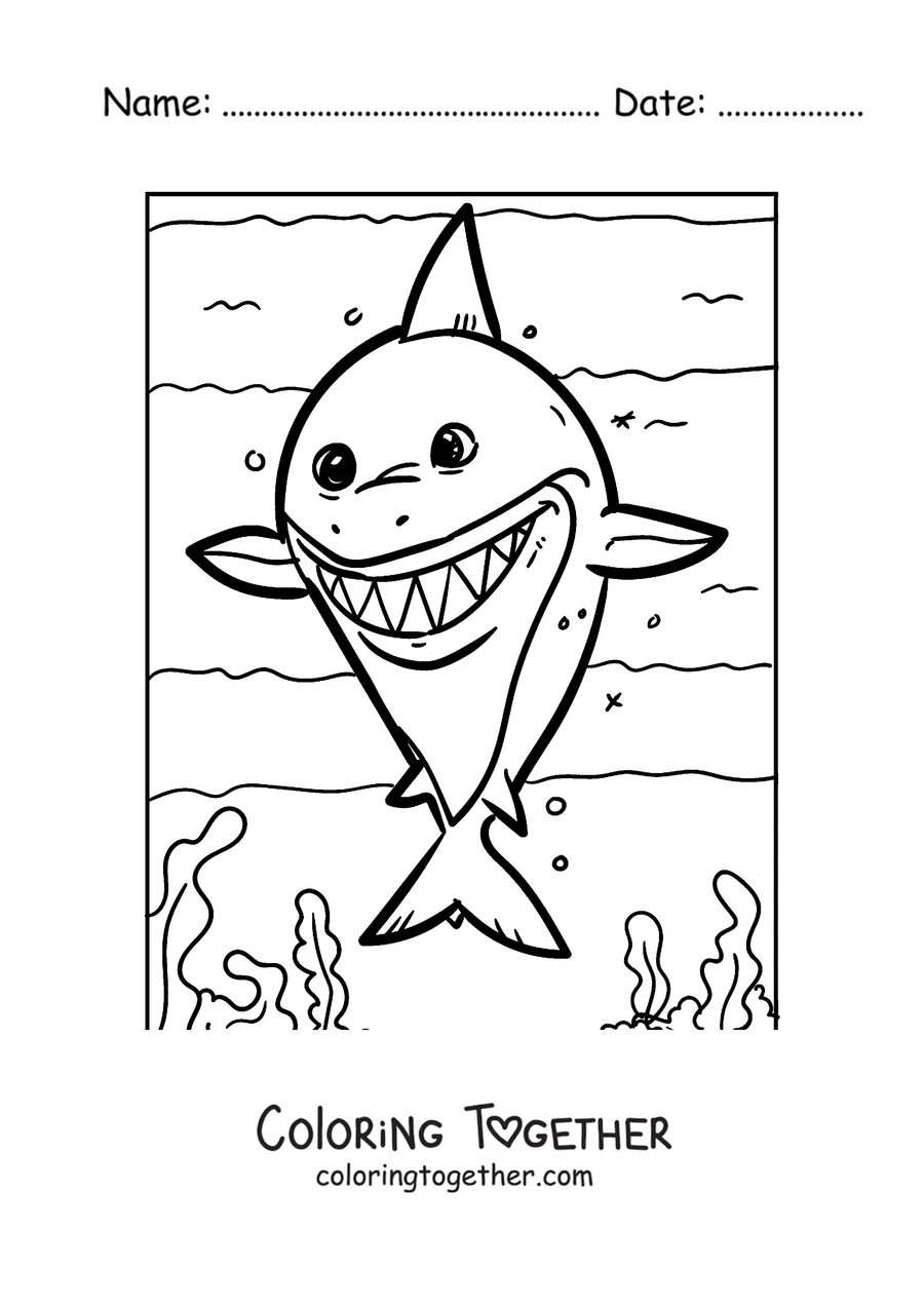 Coloring page of a baby shark with a big smile