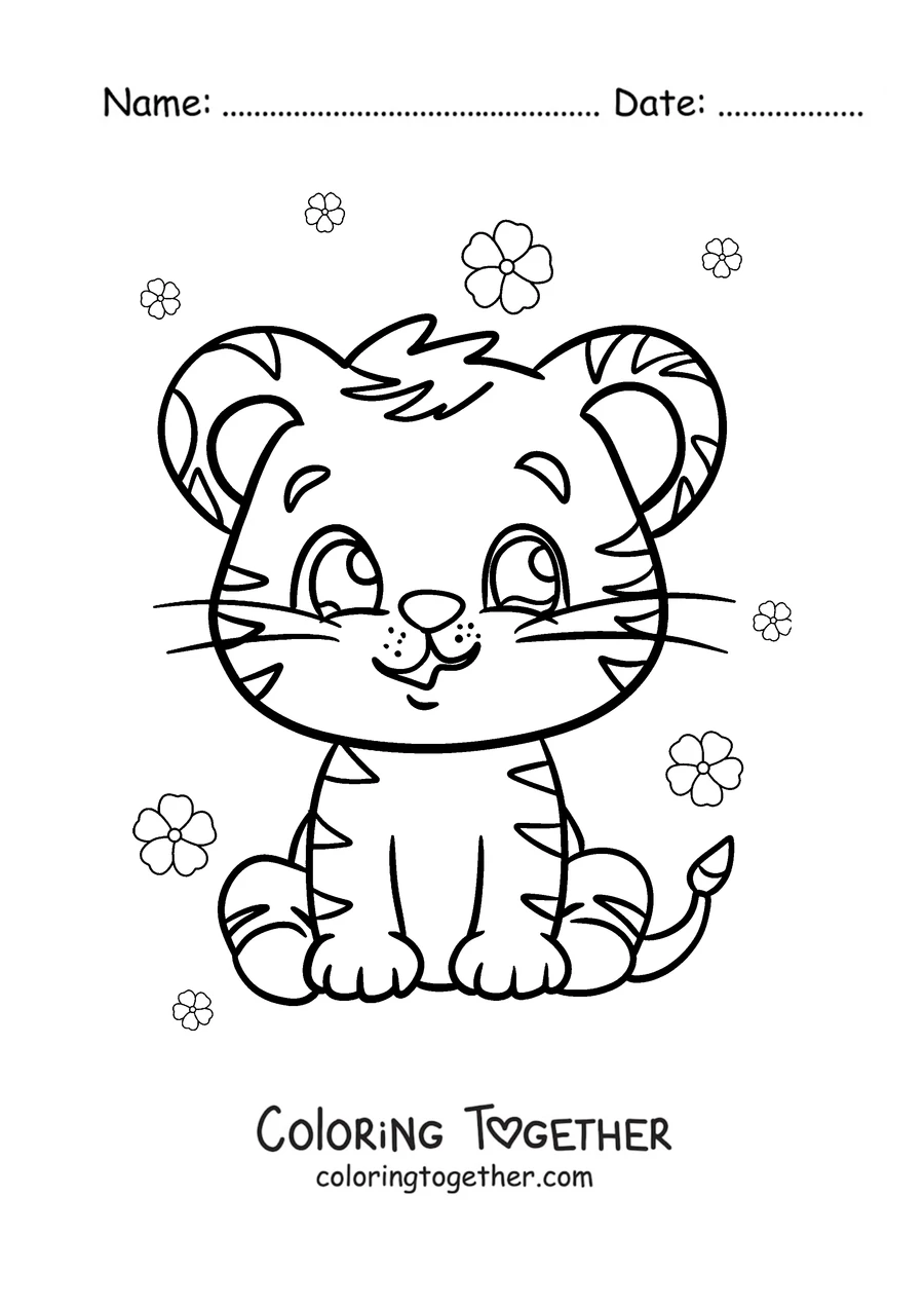Coloring page of a baby tiger sitting among flowers