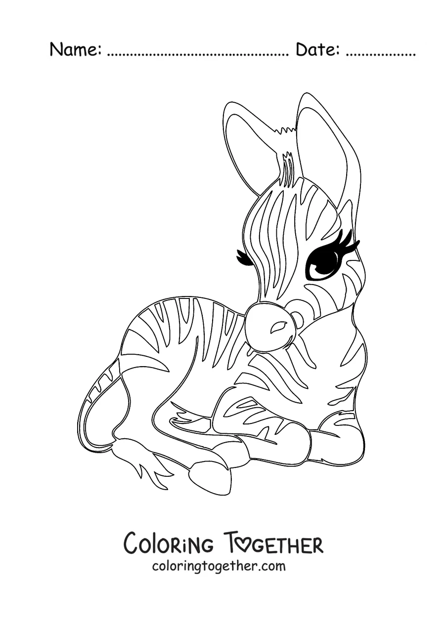 Coloring page of a baby zebra lying down and resting