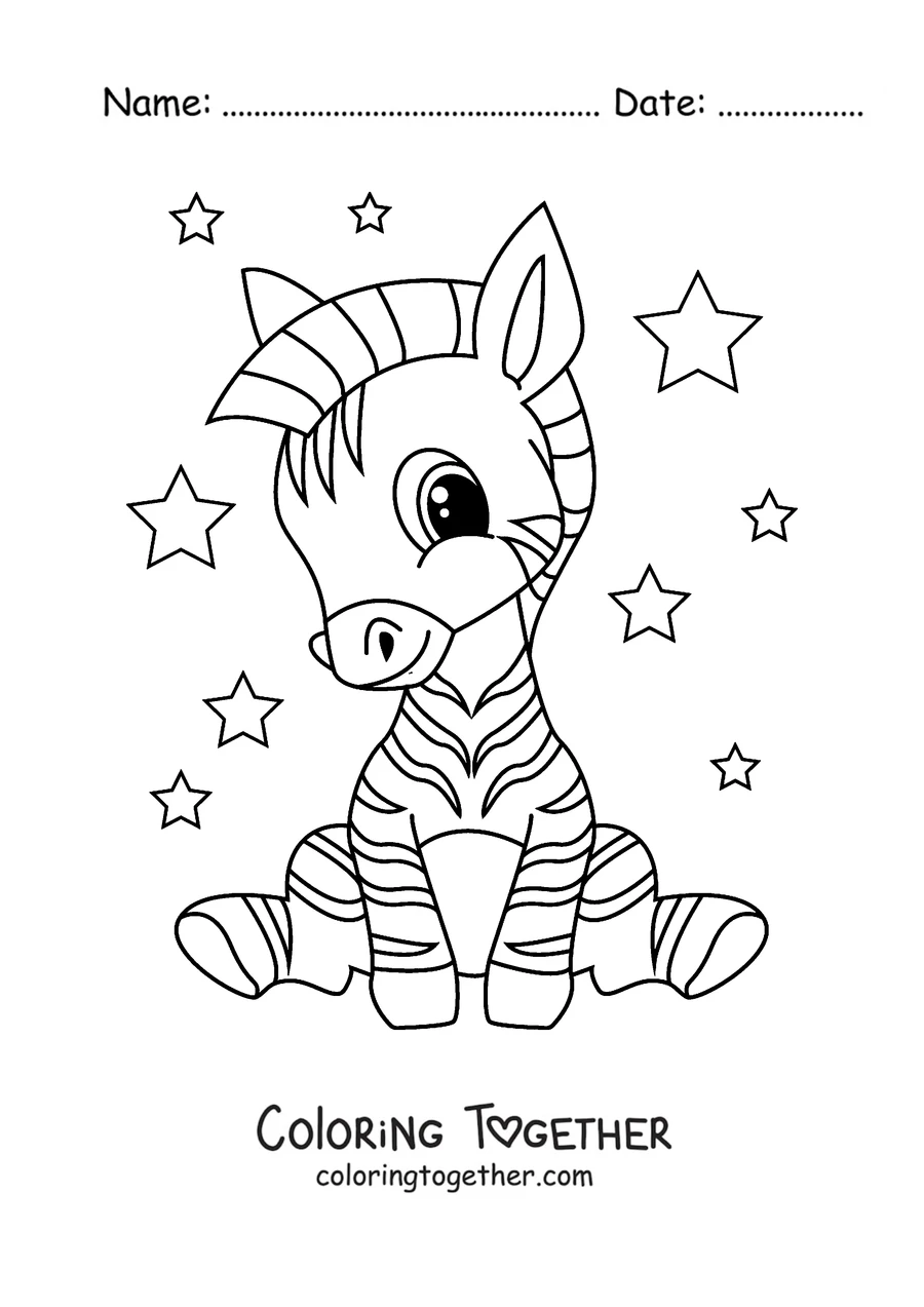 Coloring page of a baby zebra sitting among the stars