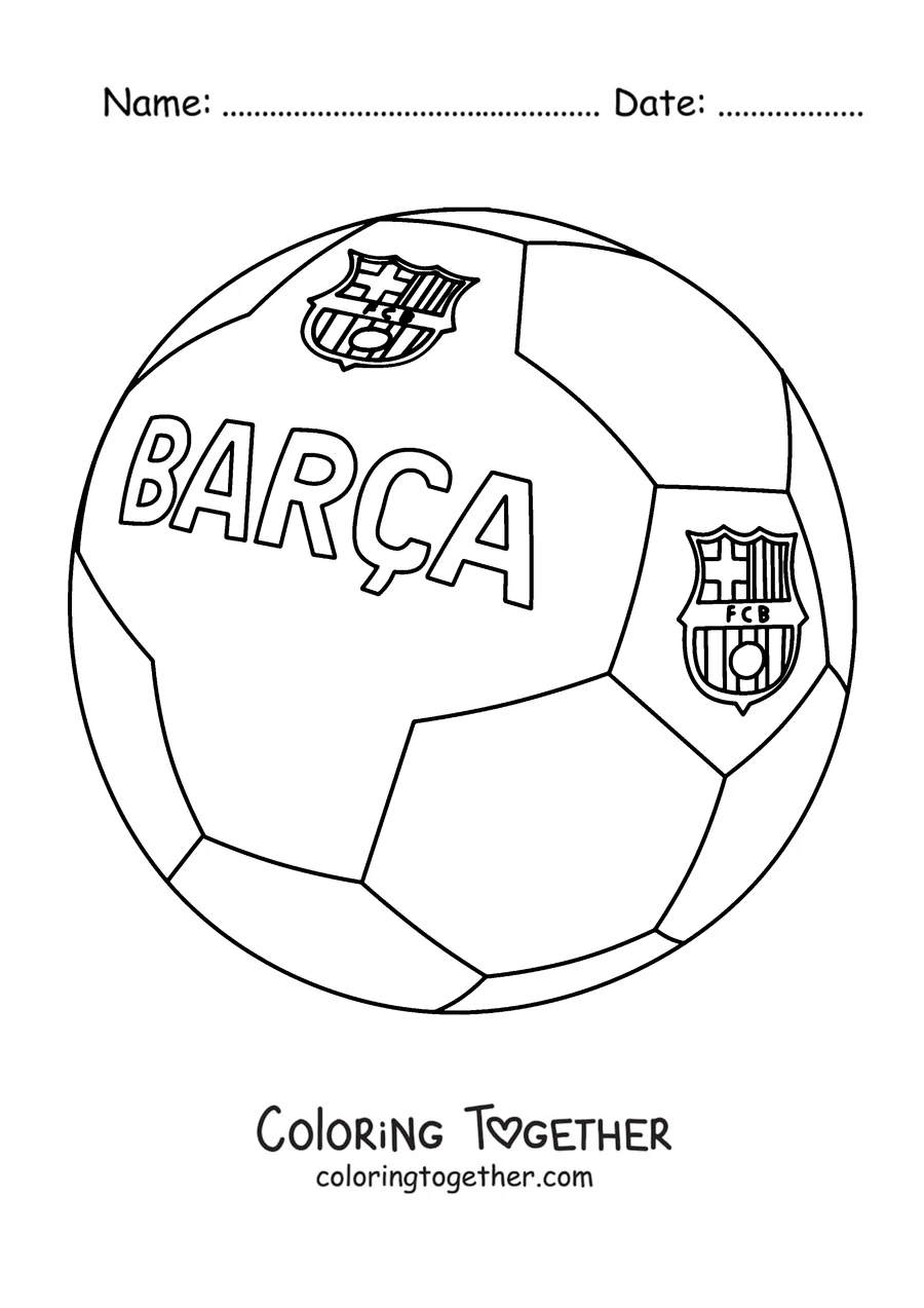 Coloring page of a football with the name BARÇA and the crest