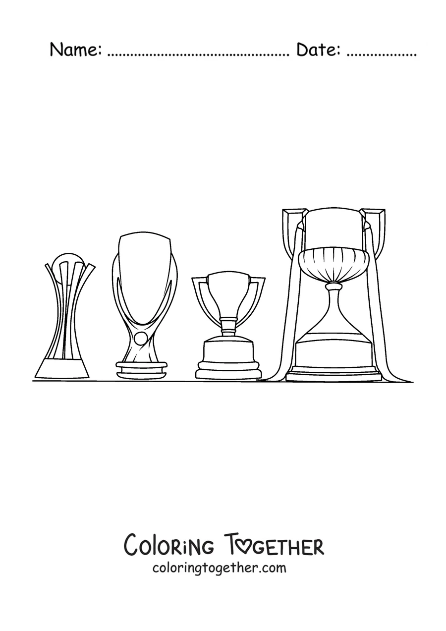 Coloring page of a cabinet with several Barcelona trophies