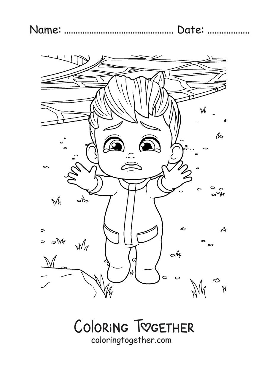 Coloring page of Bebefinn crying with little tears